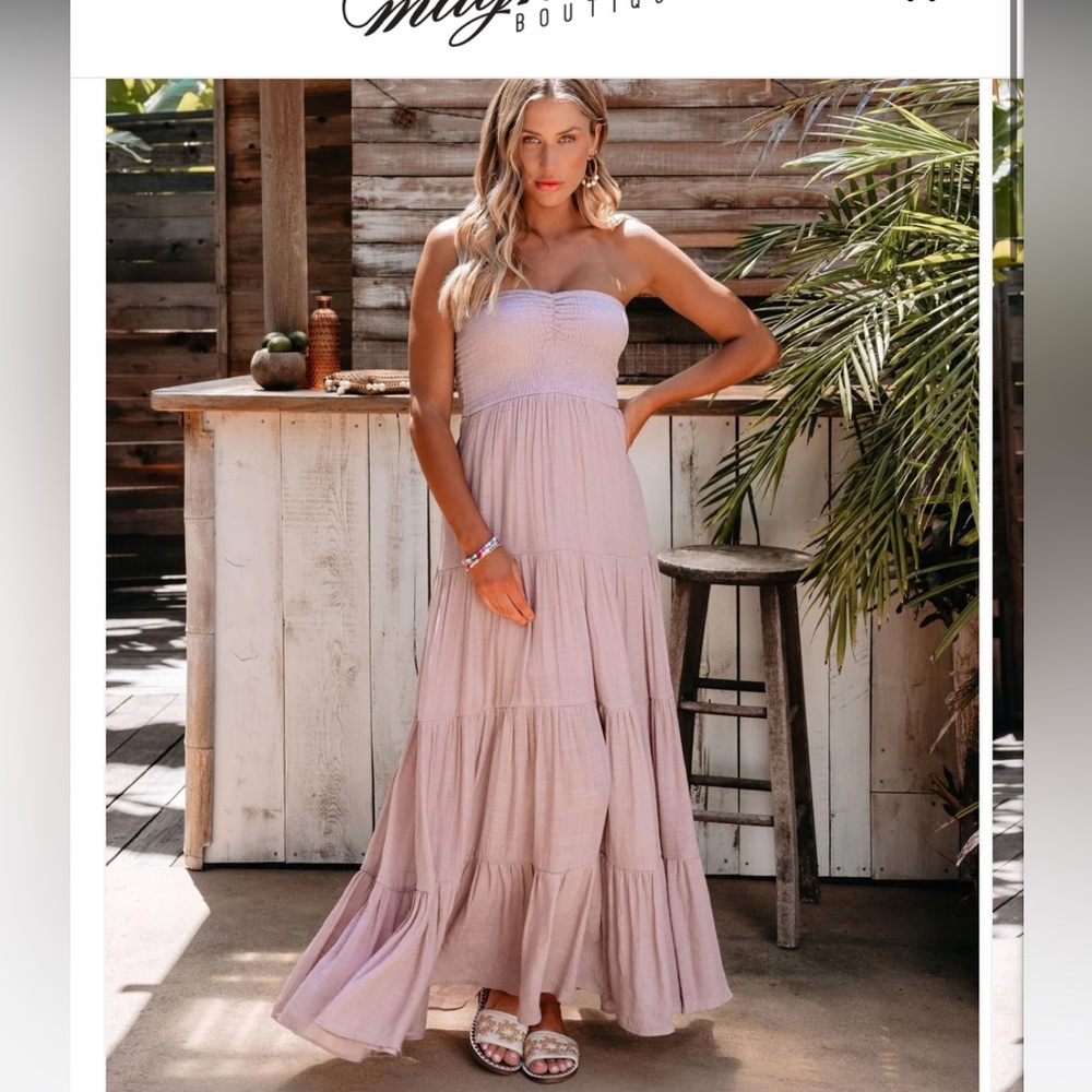 New Magnolia Boutique Strapless Tiered Taupe Flowy Summer Dress - Small